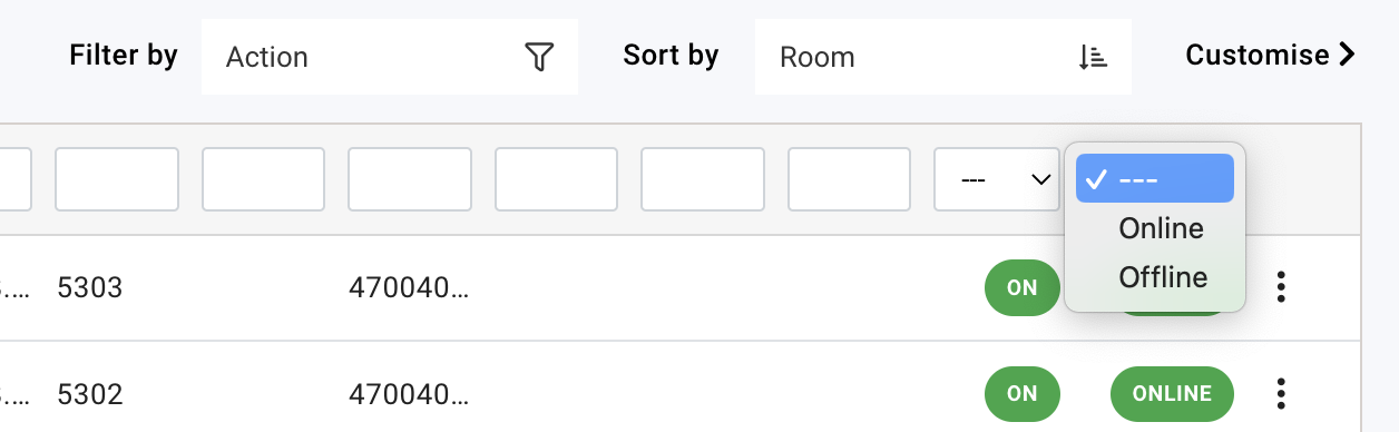 Assets page filter panel with Online and Offline connectivity options