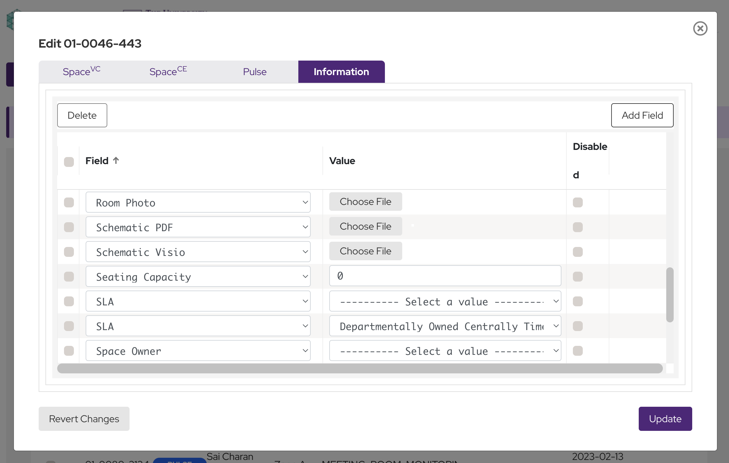 Information tab open on a room edit form with onboarding fields
