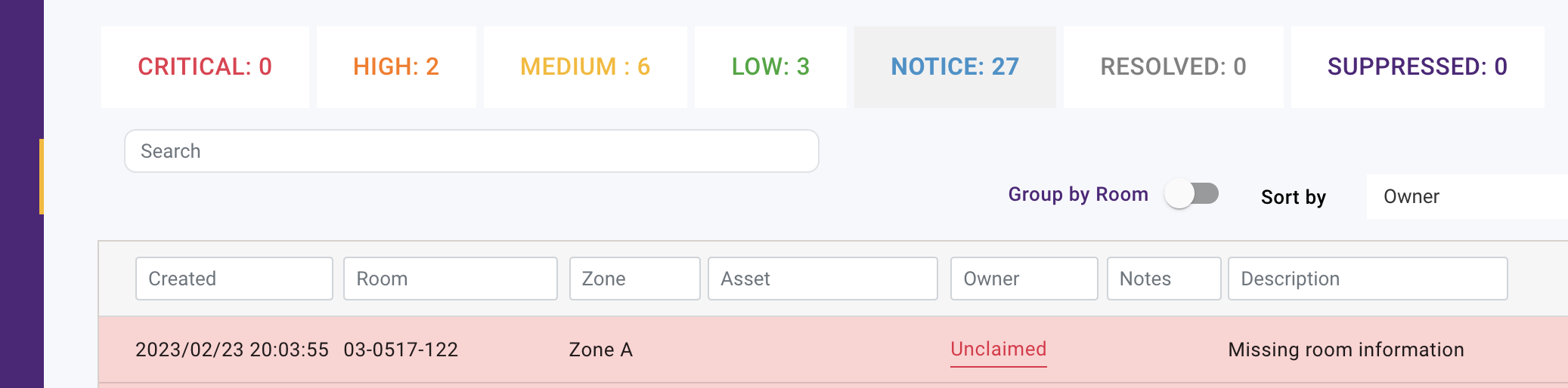 Hotlist row showing a Notice-level alert alongside existing alert severities