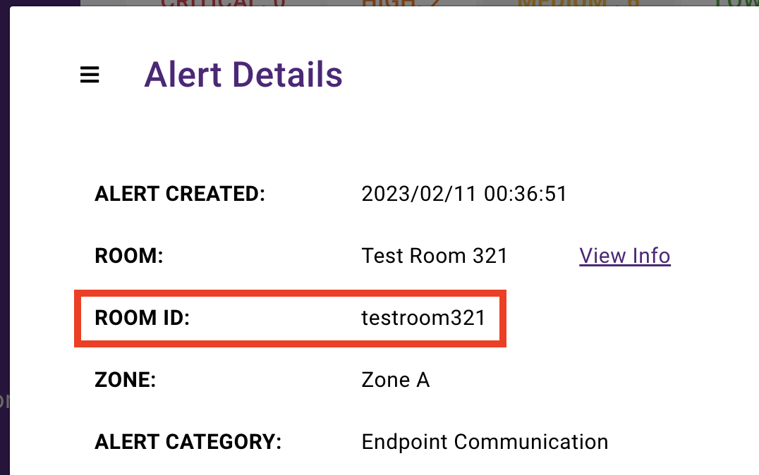 Alert Details panel displaying a Room ID field