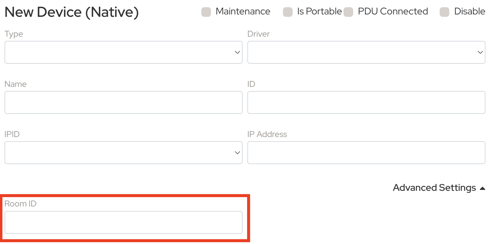 Device edit form showing a Room ID field within the Devices section