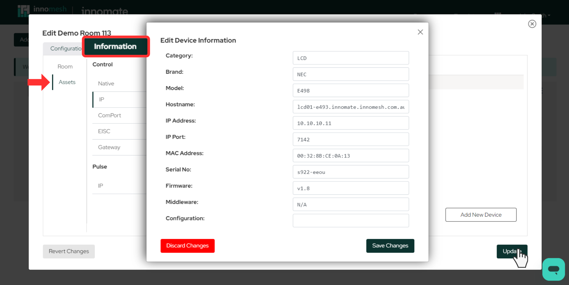Asset Information data entry form for room devices