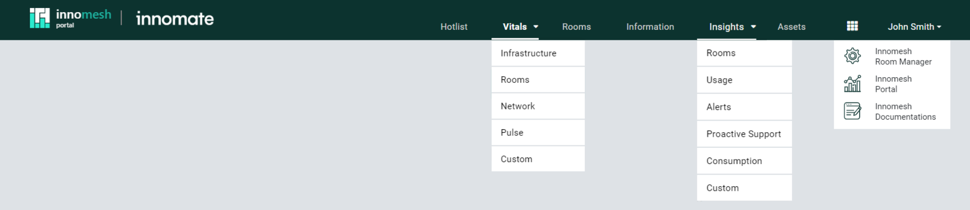 Innomesh Room Manager top navigation with app tray listing Room Manager, Portal and Documentations