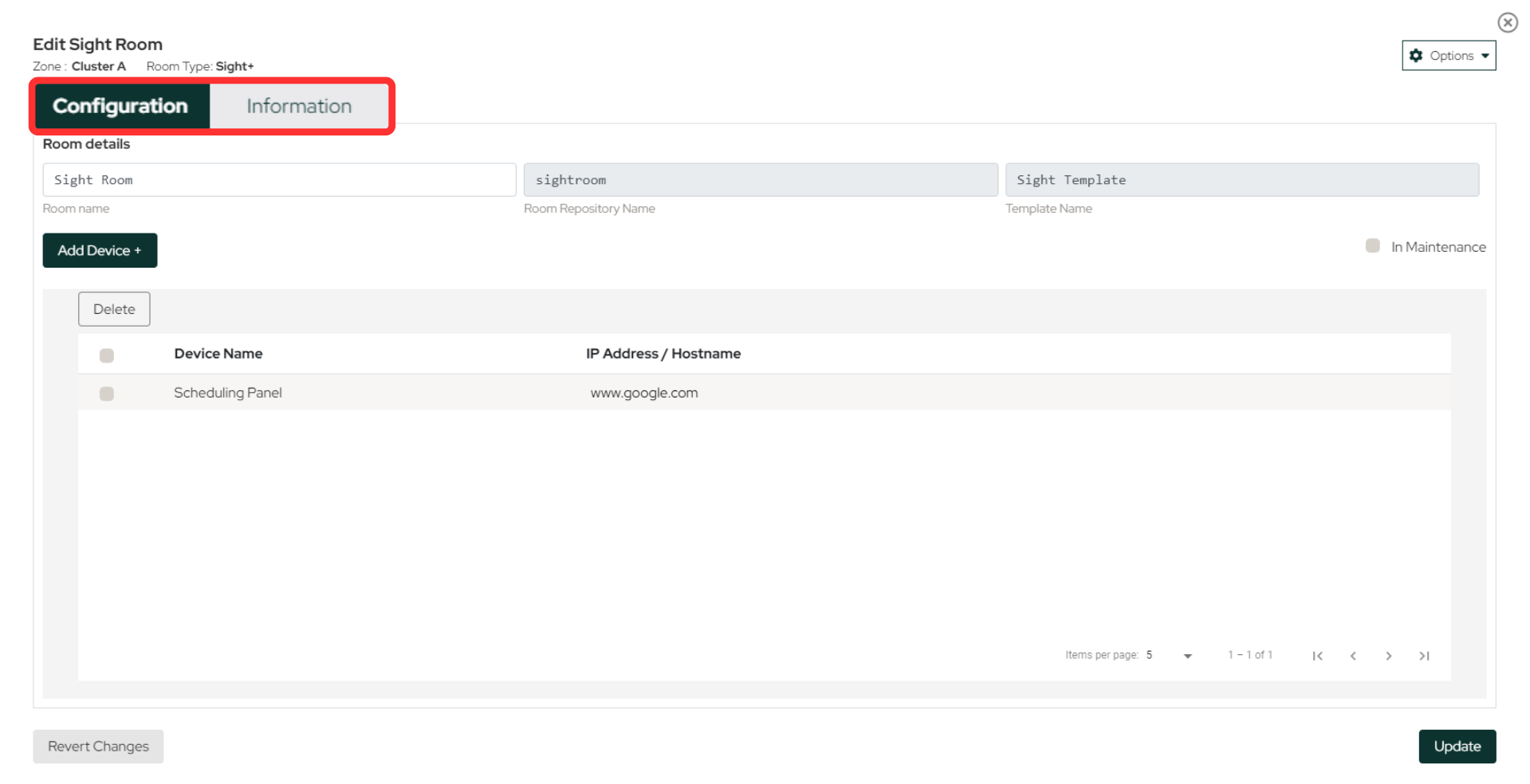 Unified room workflow with Configuration and Information tabs