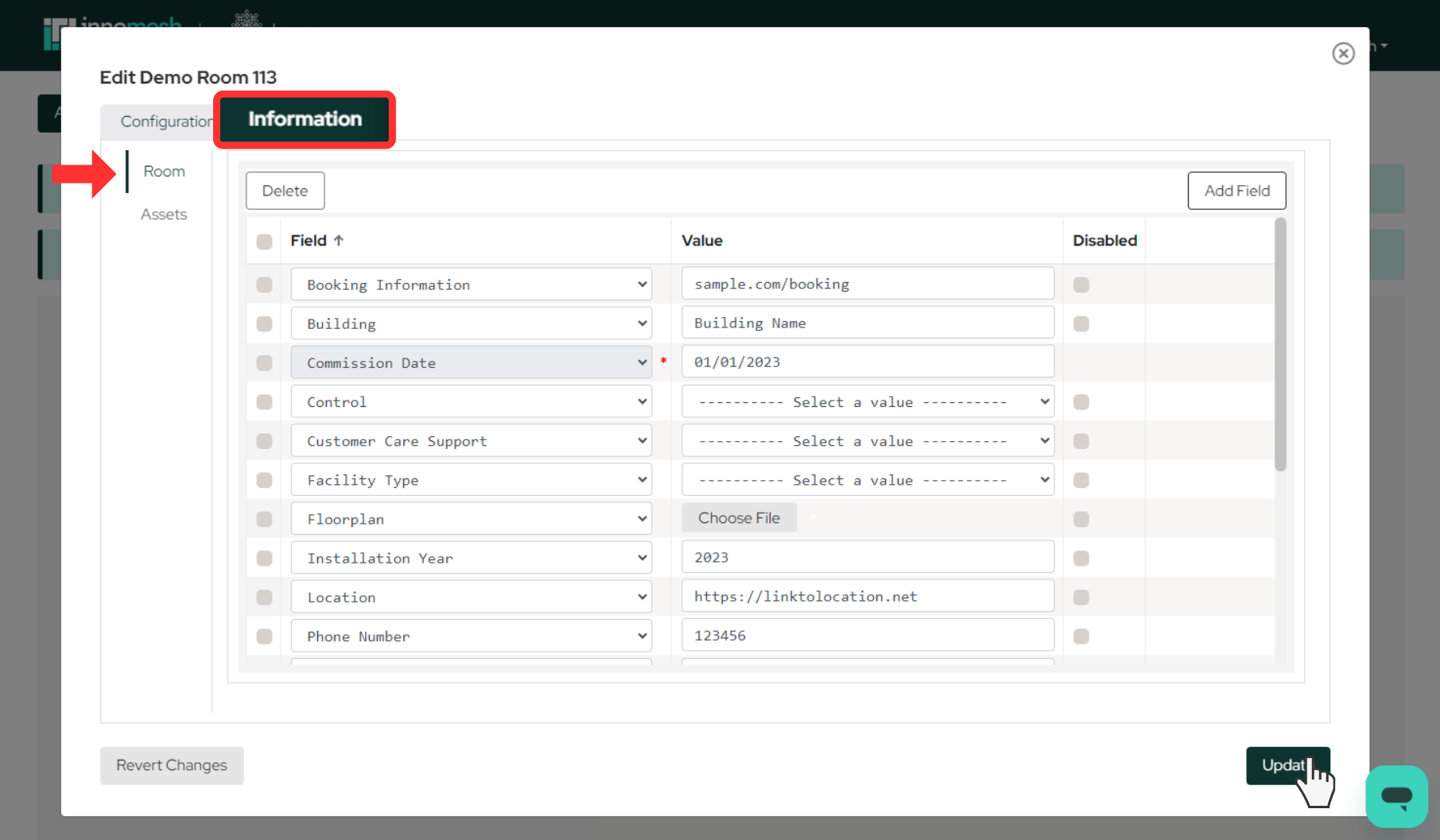 Room Information data entry form with room fields