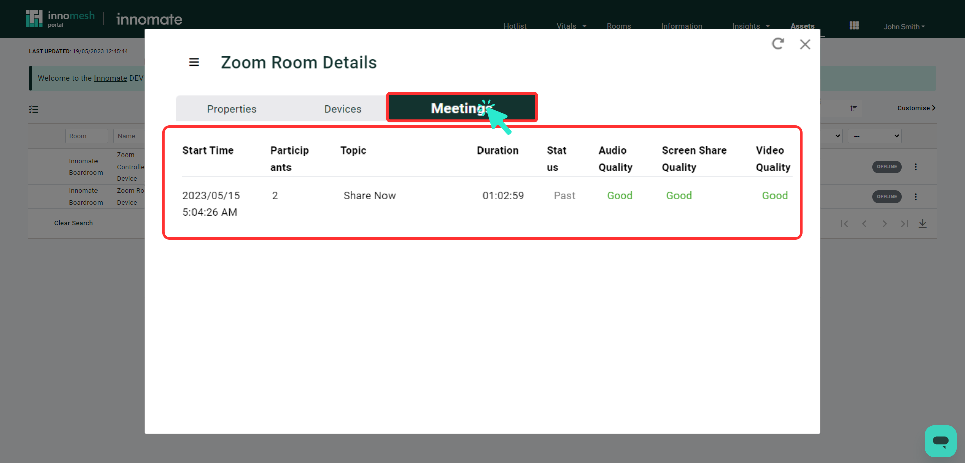 Zoom Room asset details Meetings tab showing call quality metrics