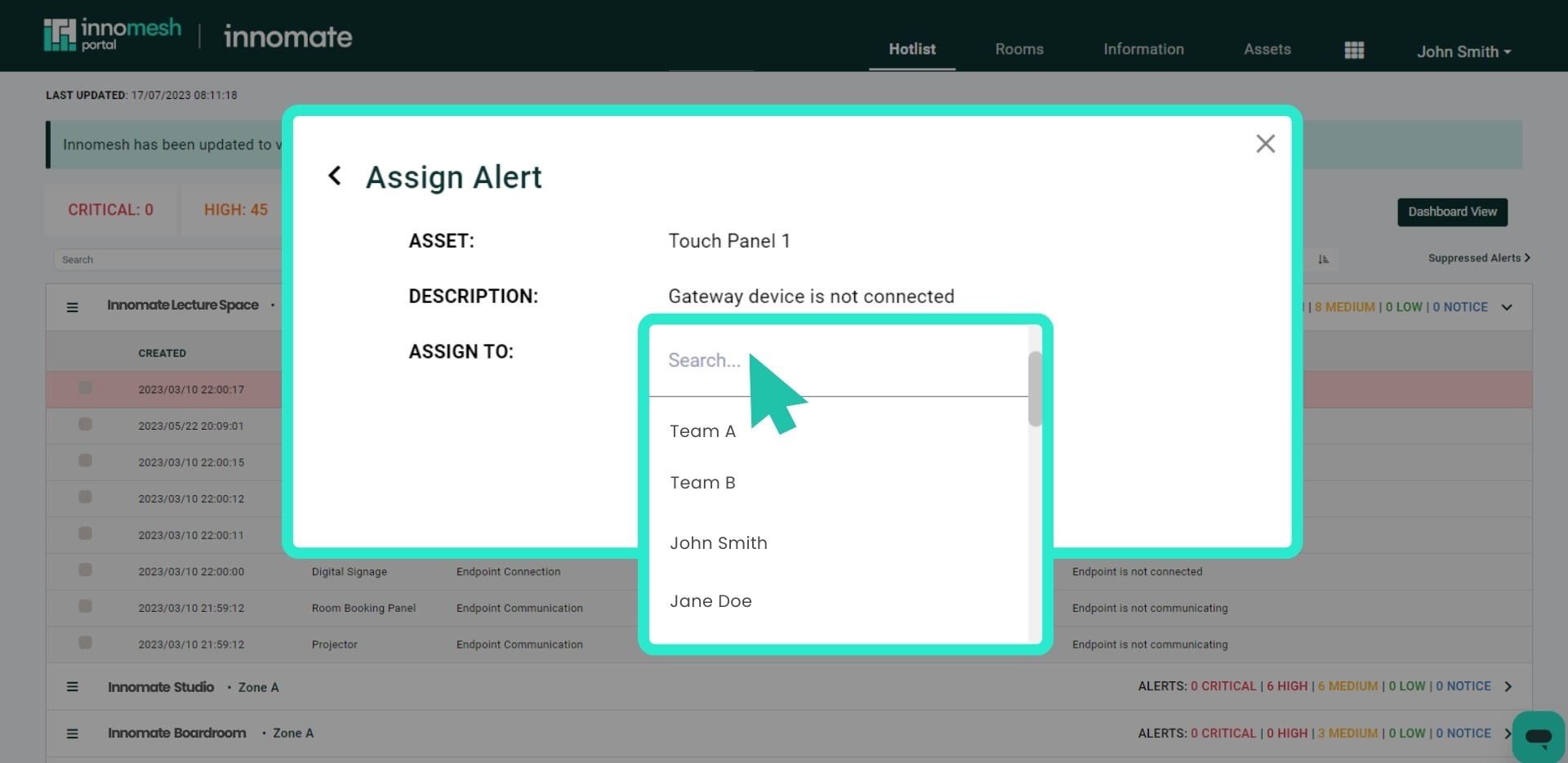 Assign Alert modal with a search field above the assignee list showing teams and users