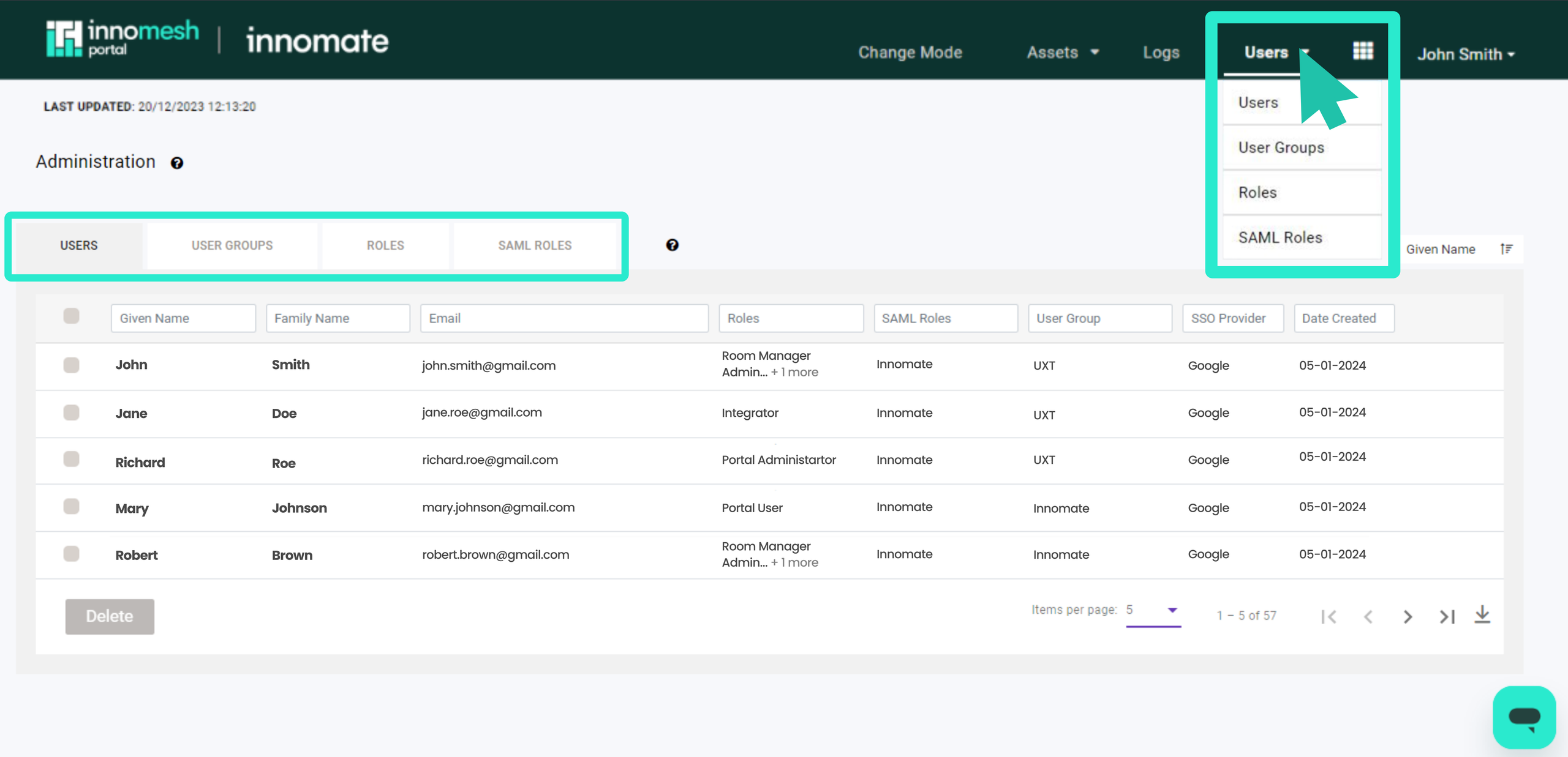Administration page showing Users, User Groups, Roles, and SAML Roles tabs with a user list