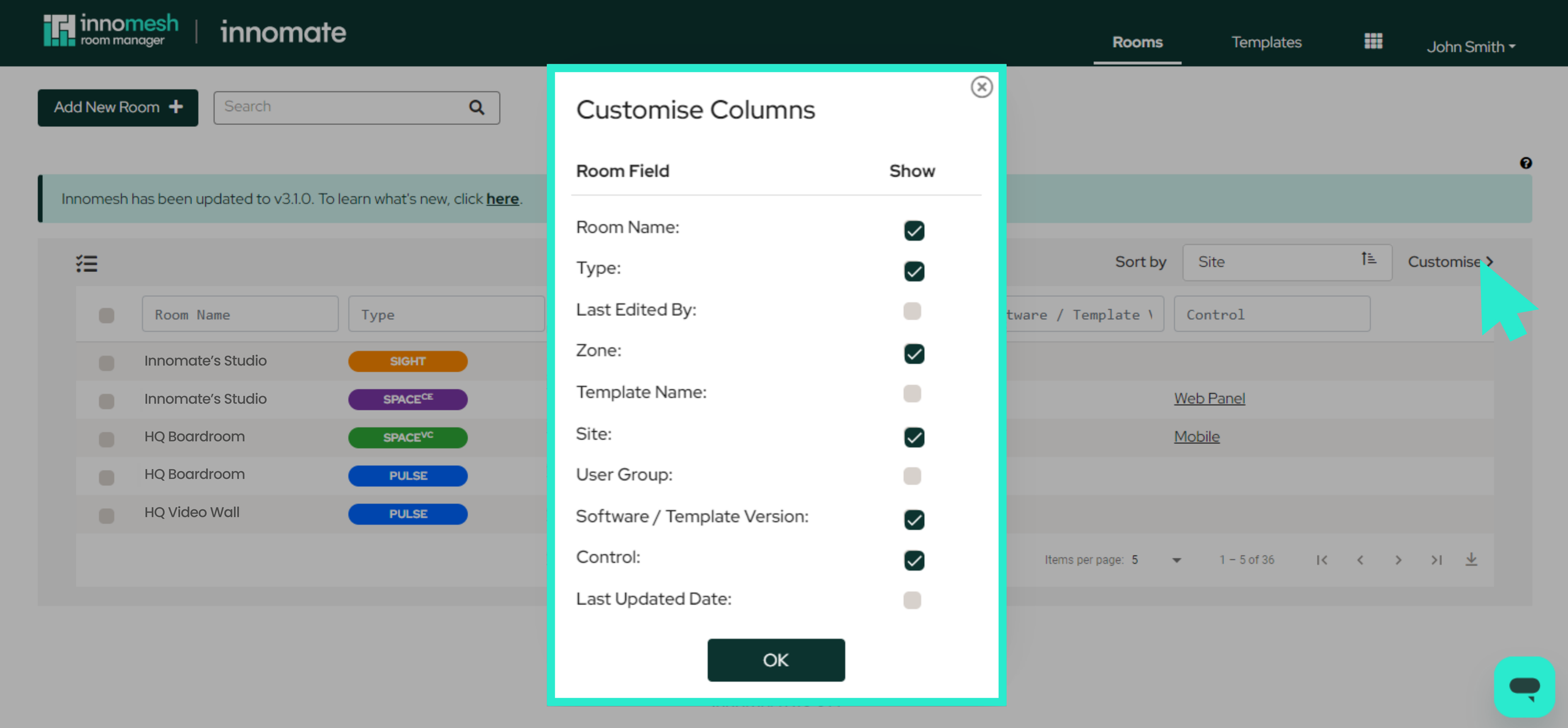 Customise Columns dialog listing Room Name, Type, Site, User Group, and other fields with show toggles
