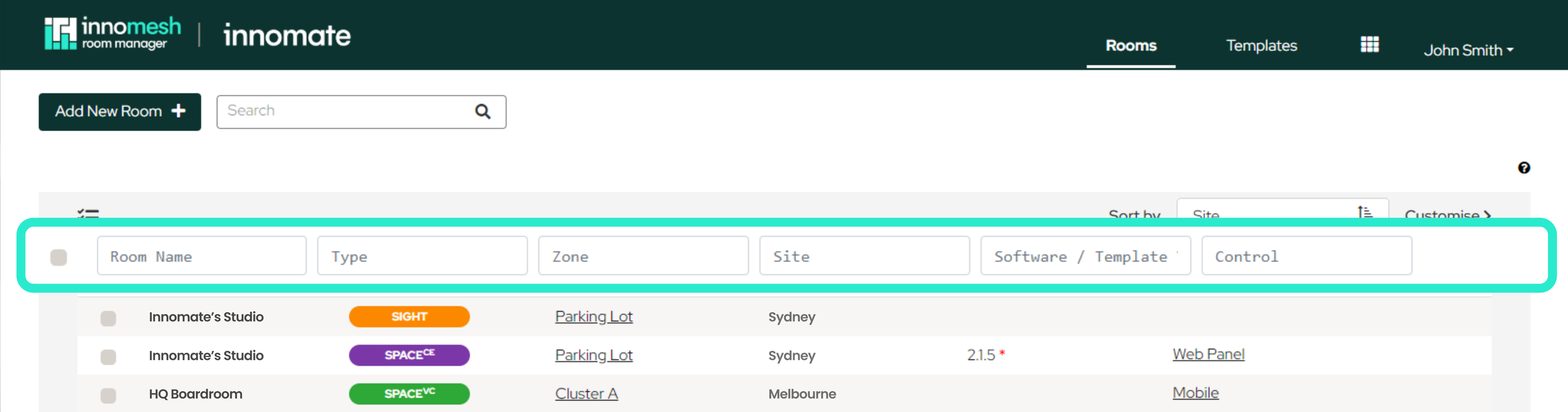 Room Manager Rooms page with a filter row of text inputs above the Room Name, Type, Zone, Site, Software, and Control columns