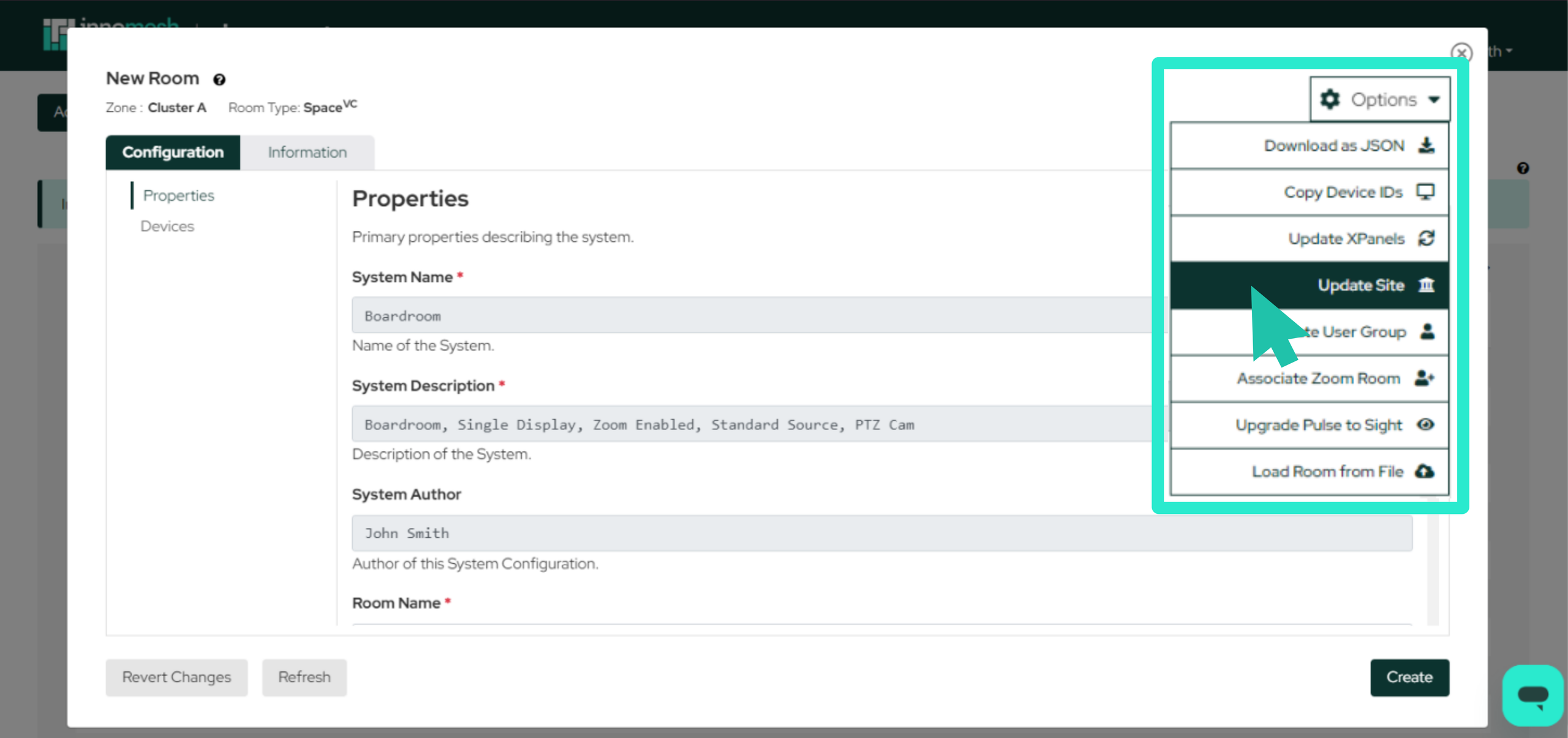 New Room dialog with the Options menu open showing Update Site among room configuration actions