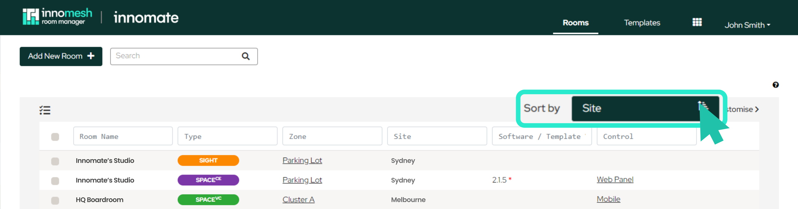 Room Manager Rooms page with Sort by dropdown open showing Site and User Group options