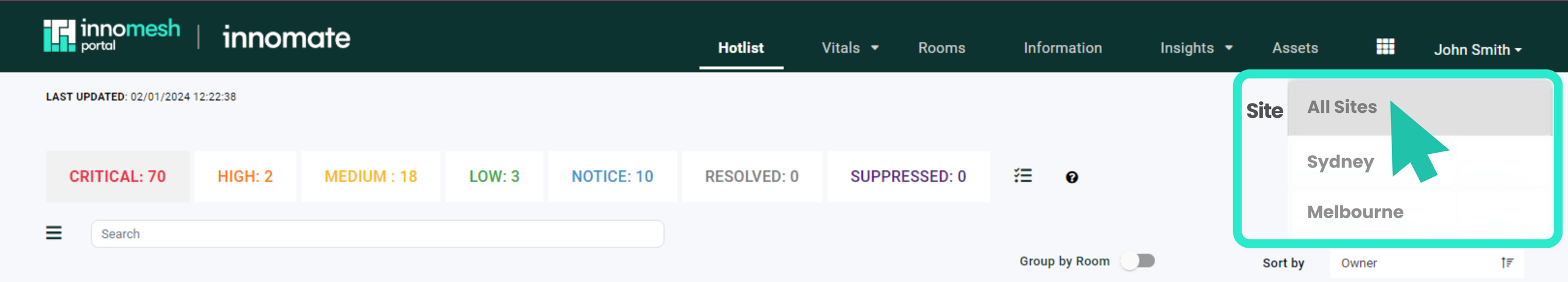 Portal Hotlist header with a Site dropdown expanded showing All Sites, Sydney, and Melbourne