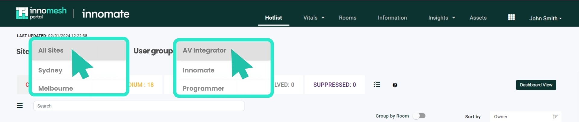 Portal Hotlist header with Site and User group dropdowns open showing location and team options