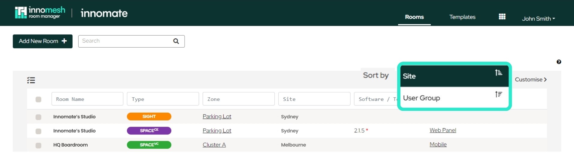 Room Manager Rooms page with a Sort by dropdown listing Site and User Group options