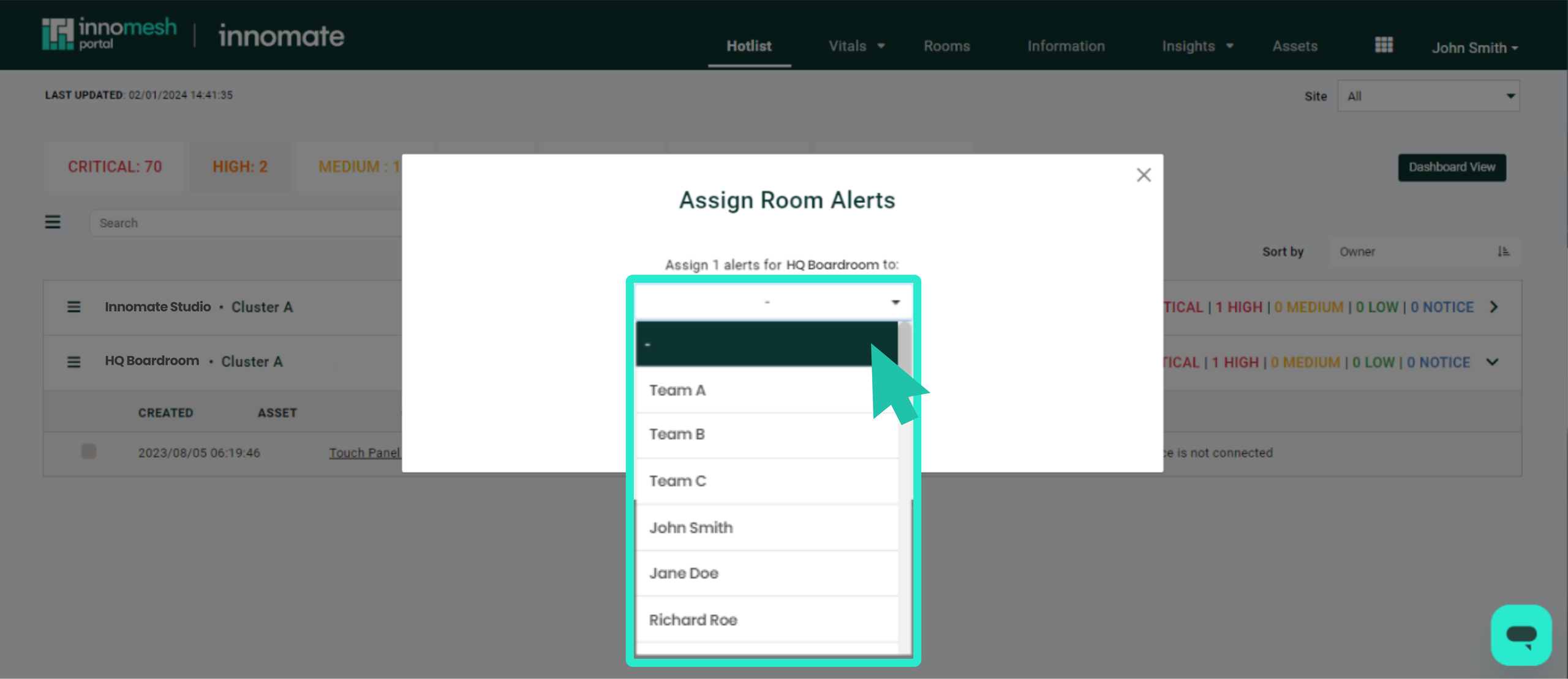 Assign Room Alerts modal with an assignee dropdown listing teams and individual users