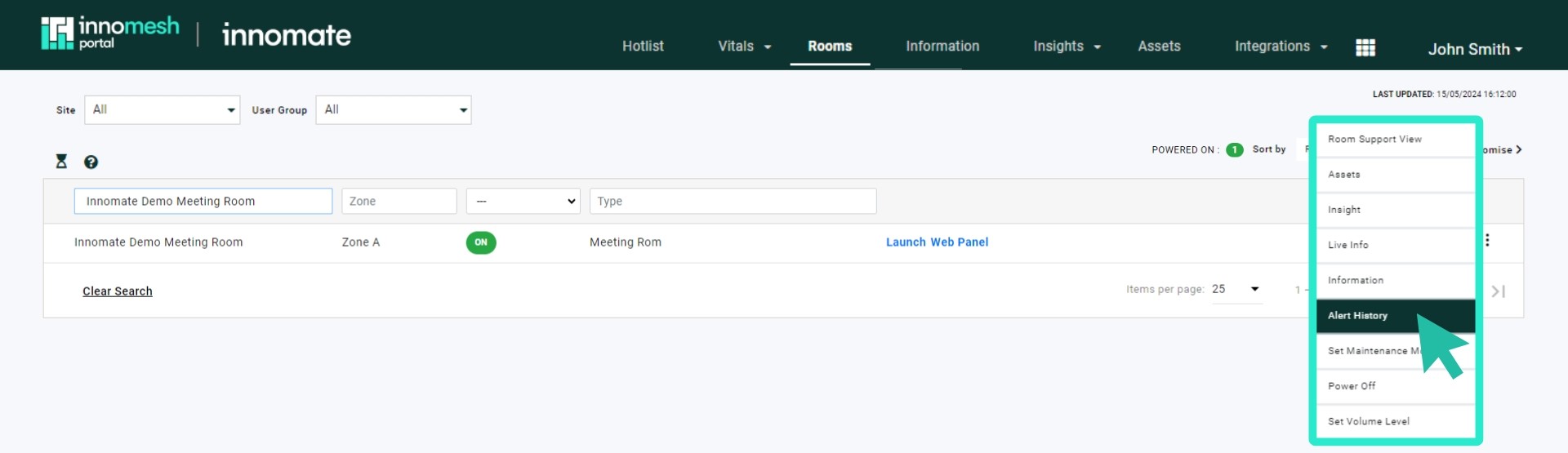 Rooms list context menu with Alert History option highlighted