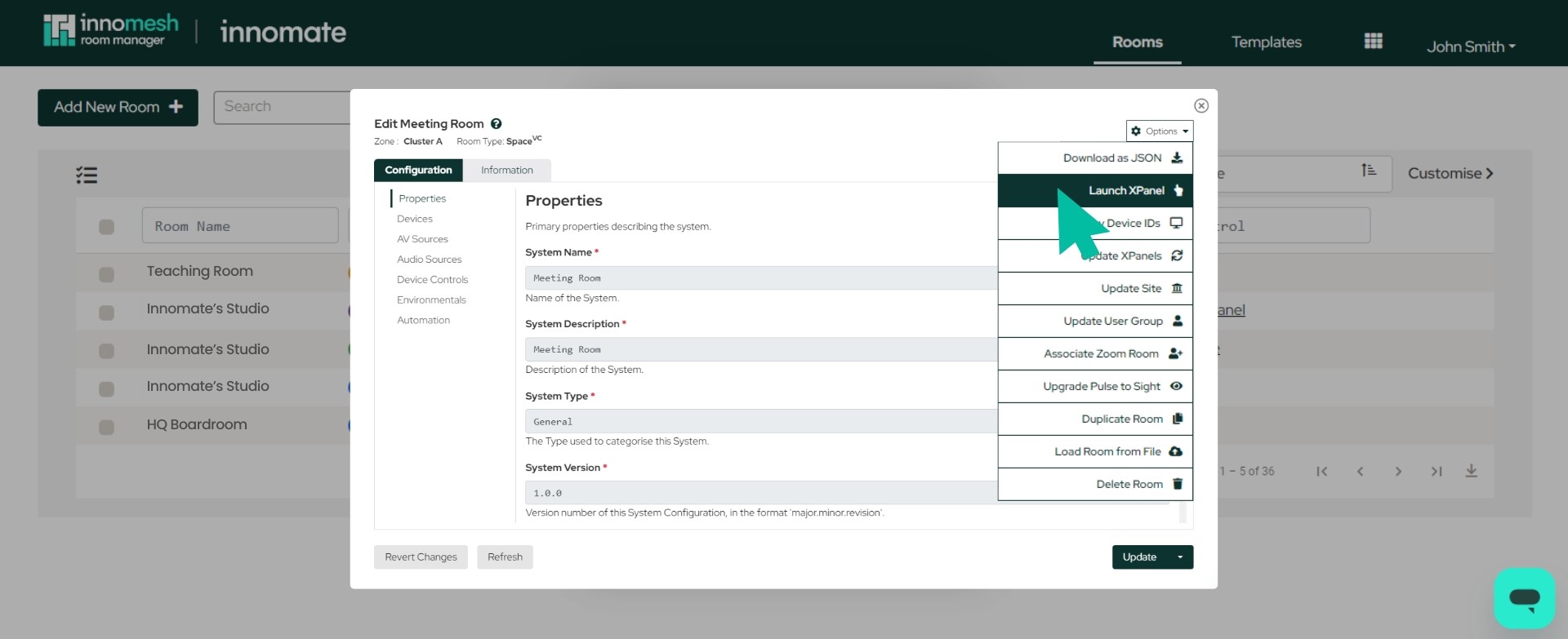 Edit Meeting Room Options menu with Launch XPanel highlighted above Update Site and other actions