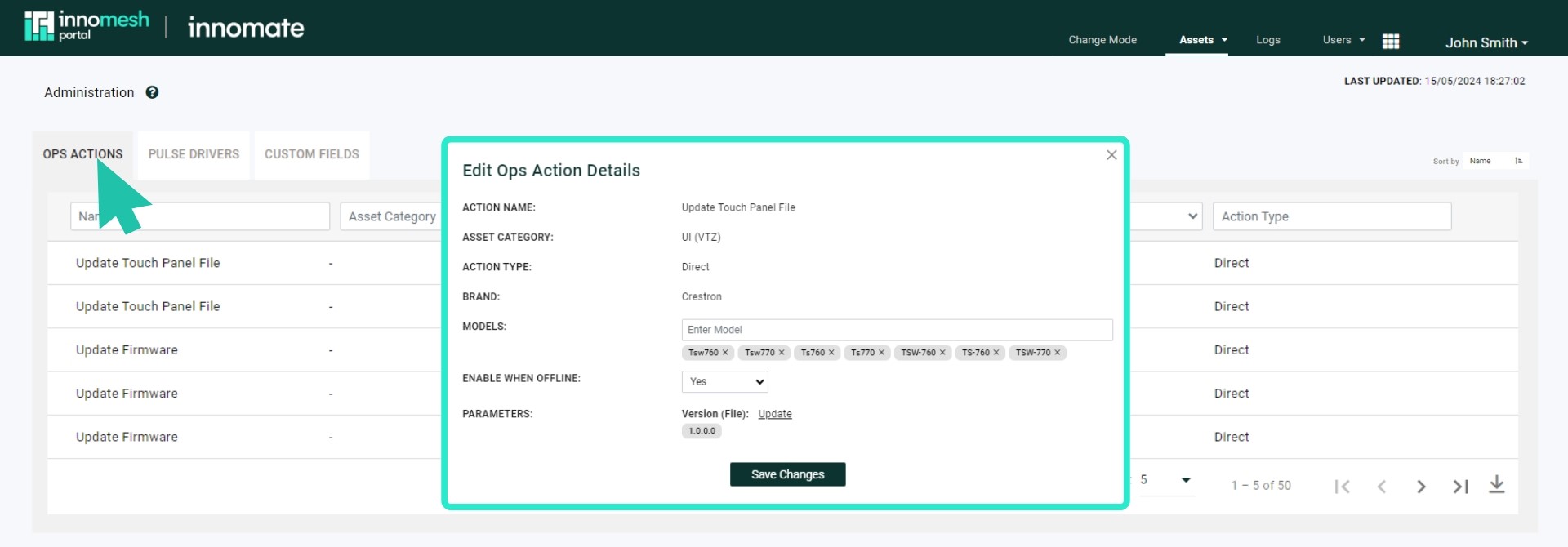 Administration Ops Actions tab with Edit Ops Action Details dialog for Update Touch Panel File