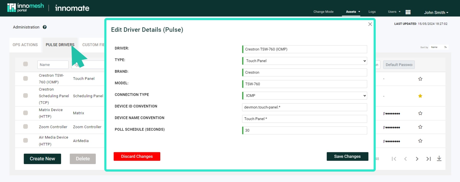 Innomesh Portal administration page with Pulse driver management controls