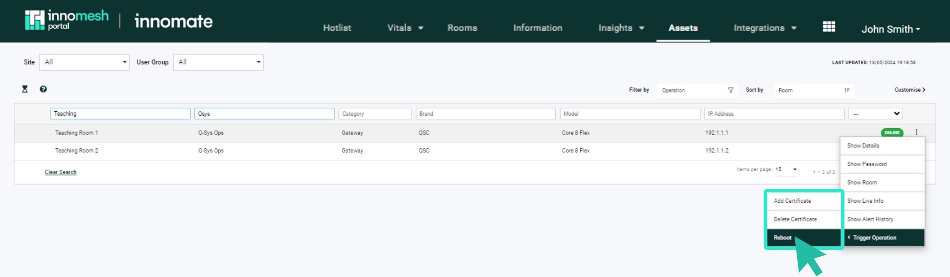 Assets Registry action menu showing Q-Sys core reboot and certificate management options