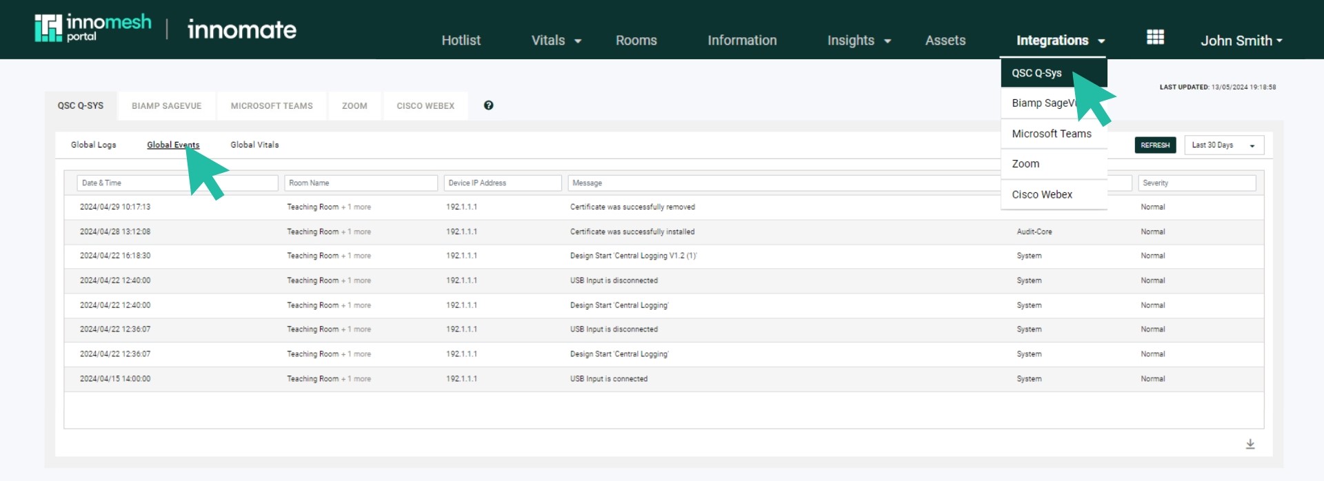 Q-Sys Global Events table listing detected events across multiple Q-Sys cores