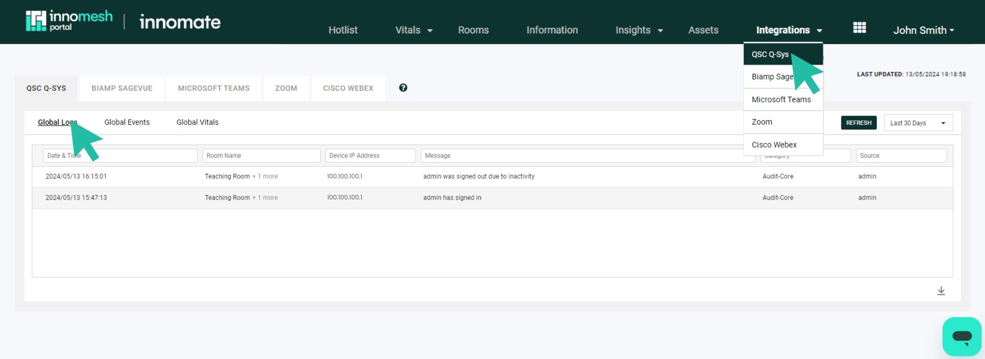 Q-Sys Global Logs view with filters and log entries aggregated from multiple cores