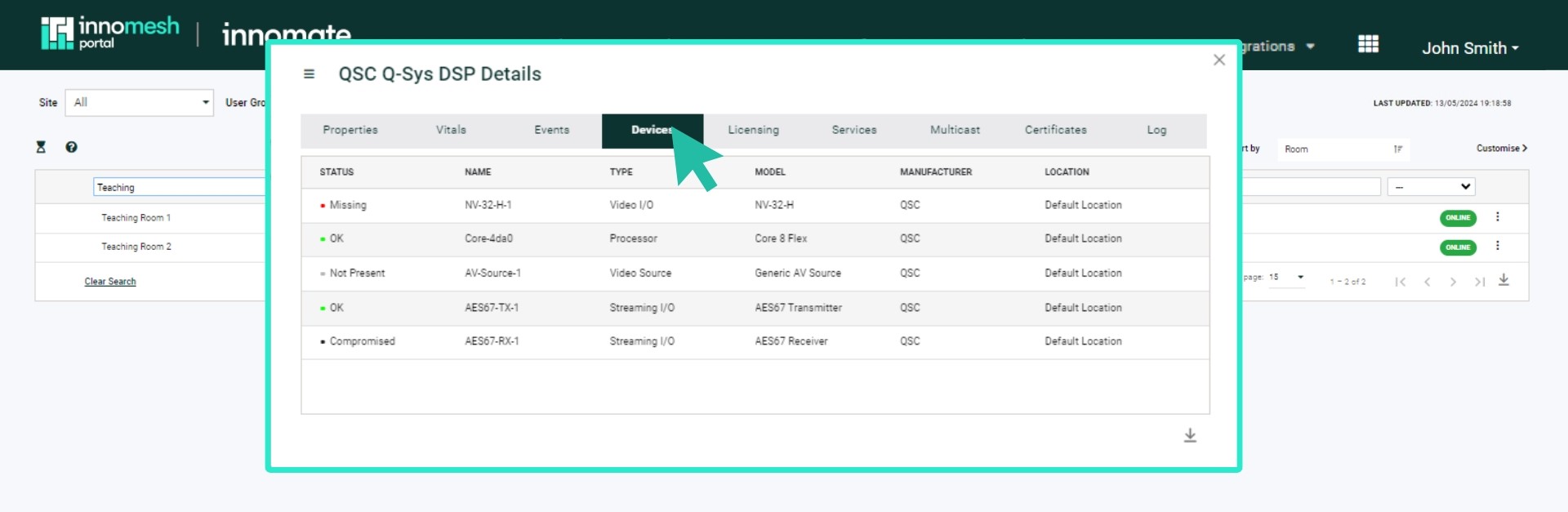 Assets Registry window listing Q-Sys peripherals gathered from Q-Sys devices