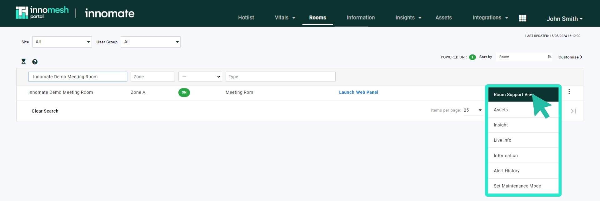 Room row context menu with the Room Support View option highlighted