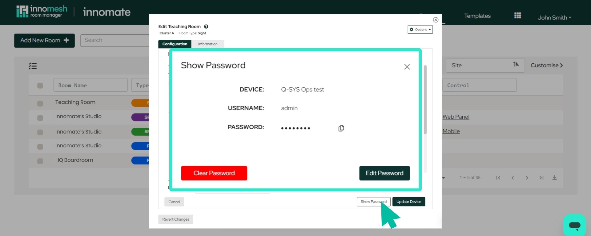 Show Password dialog for a Sight device with Device, Username, Password, Clear Password, and Edit Password controls