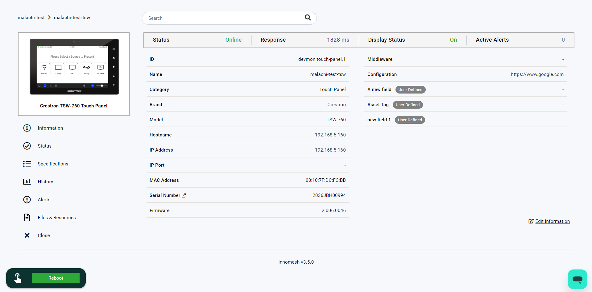 Projector asset information with status Online, four medium active alerts, and an Asset Tag marked User Defined