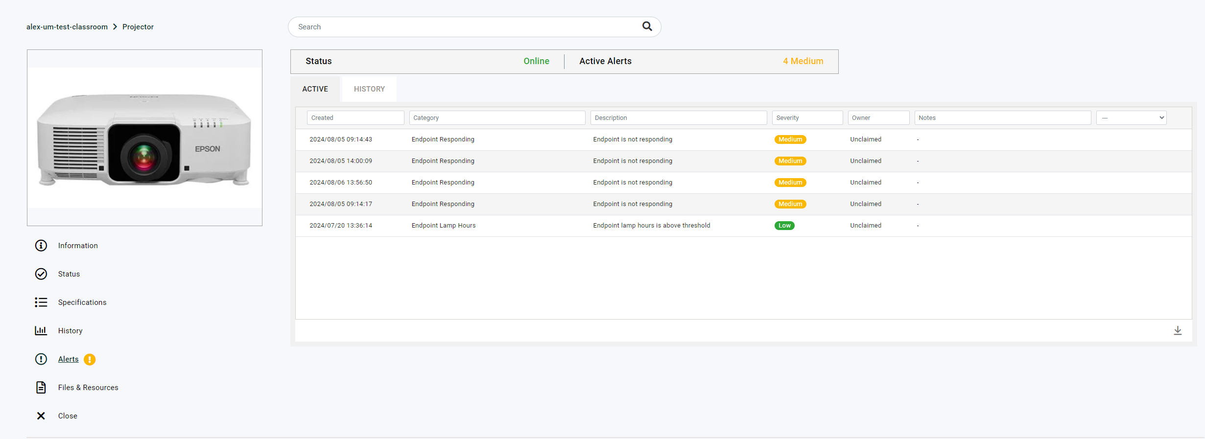Projector Alerts page with Active tab listing five Endpoint Responding and Endpoint Lamp Hours alerts