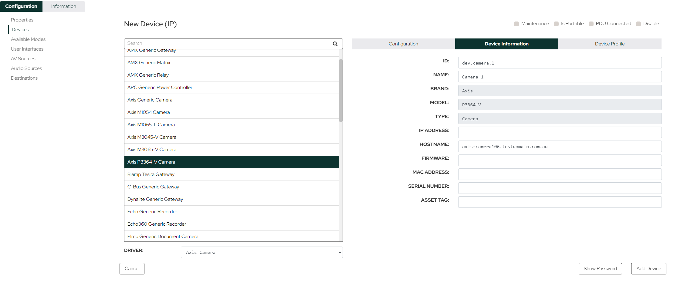 Device Information tab pre-filled with Axis camera brand, model and type fields