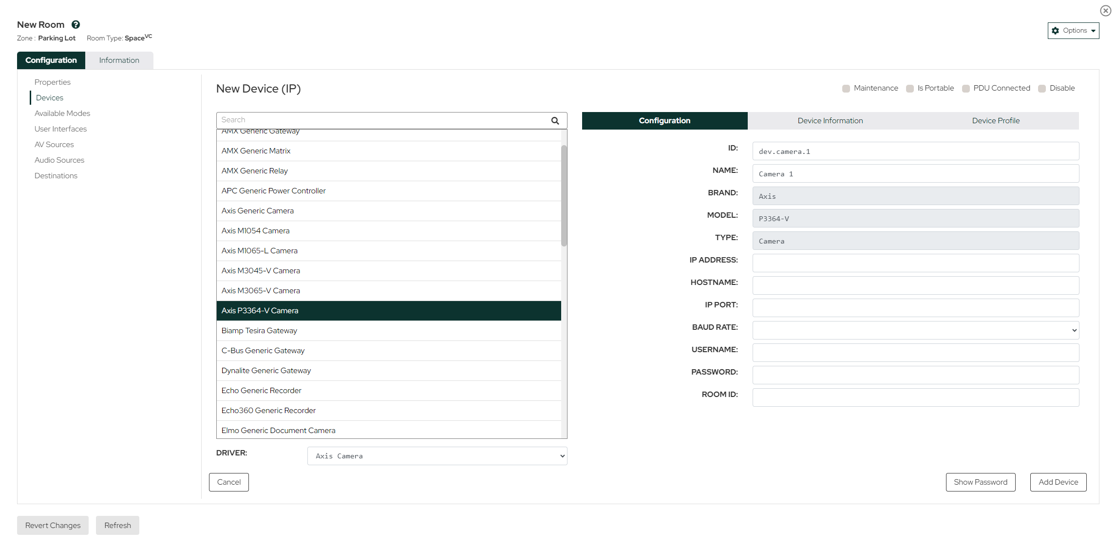 New Device configuration panel with Axis P3364-V Camera highlighted in the device list