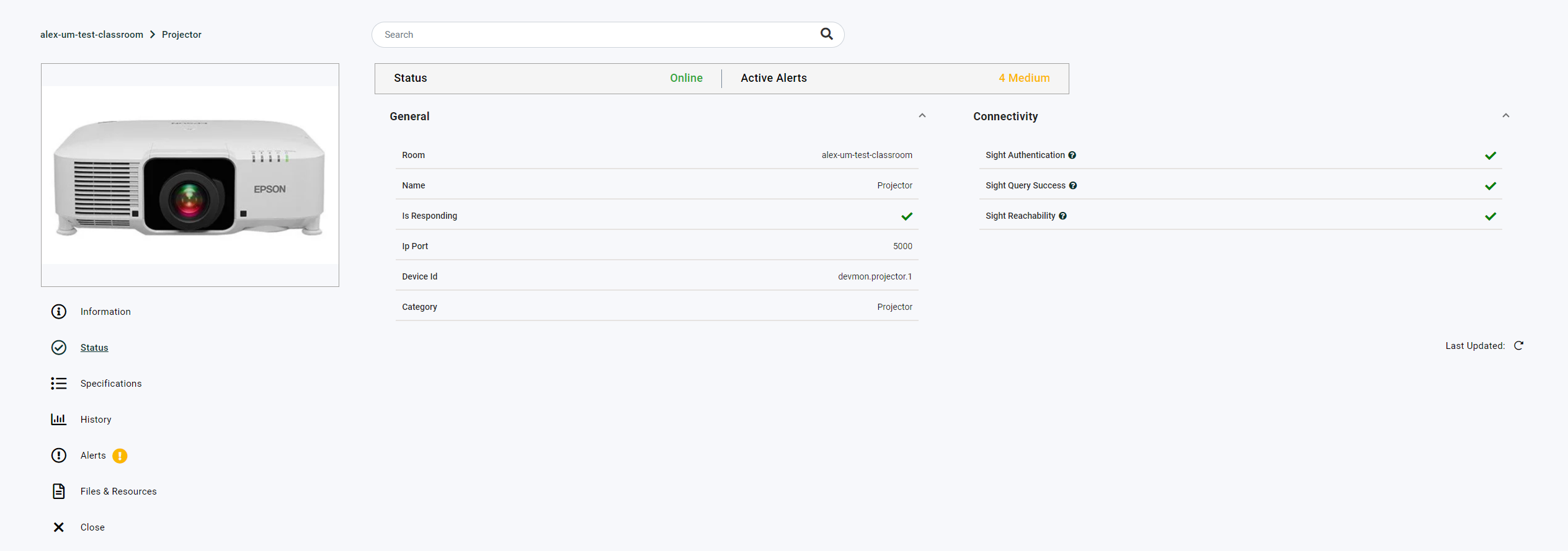Projector Status page with General and Connectivity panels showing green ticks for Sight Authentication, Sight Query Success and Sight Reachability