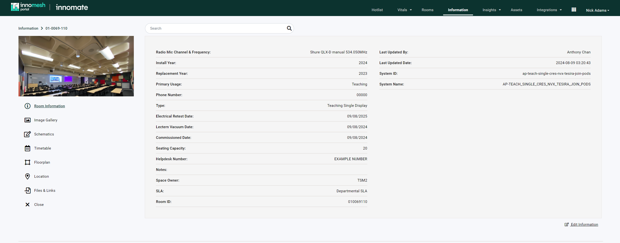 Room Information page showing room photo, left sidebar sections and room metadata fields
