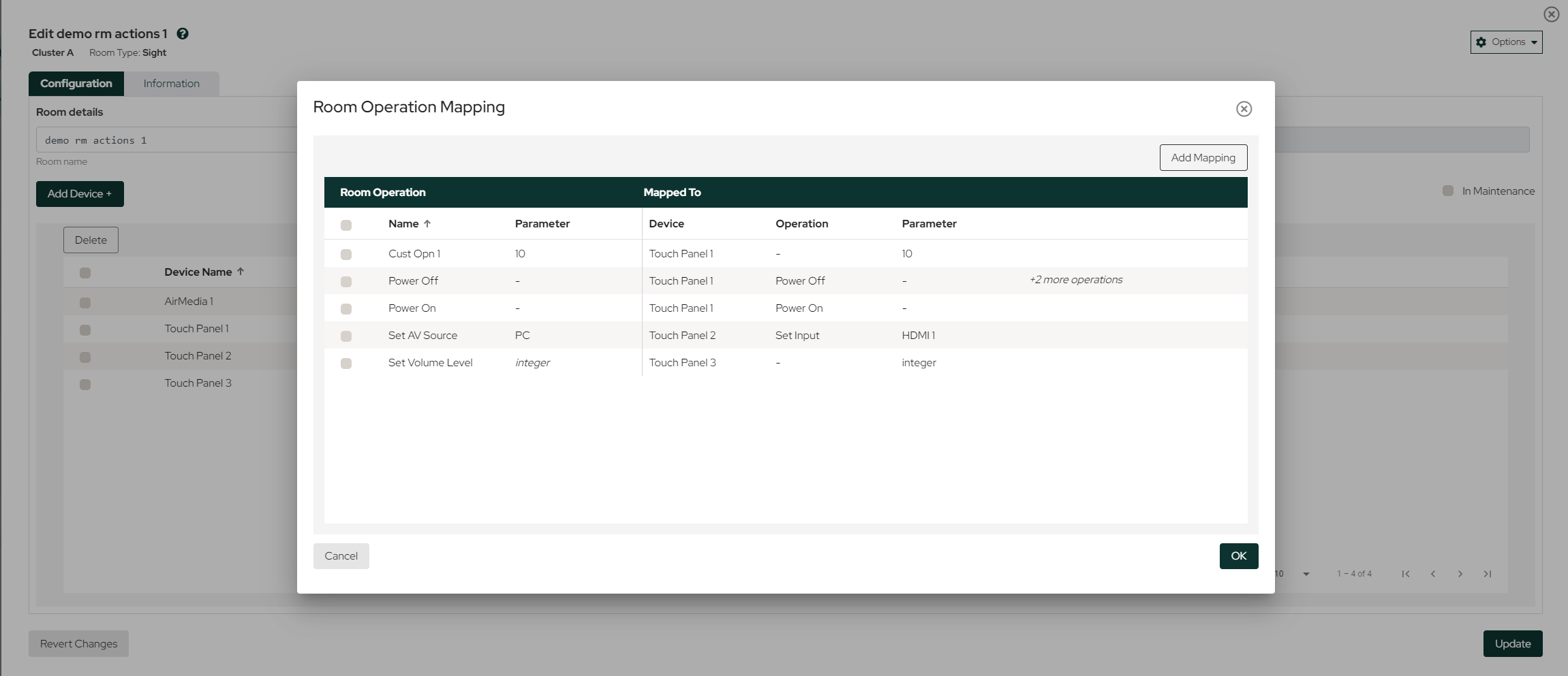 Room Operation Mapping modal with rows for Cust Opn 1, Power Off, Power On, Set AV Source and Set Volume Level