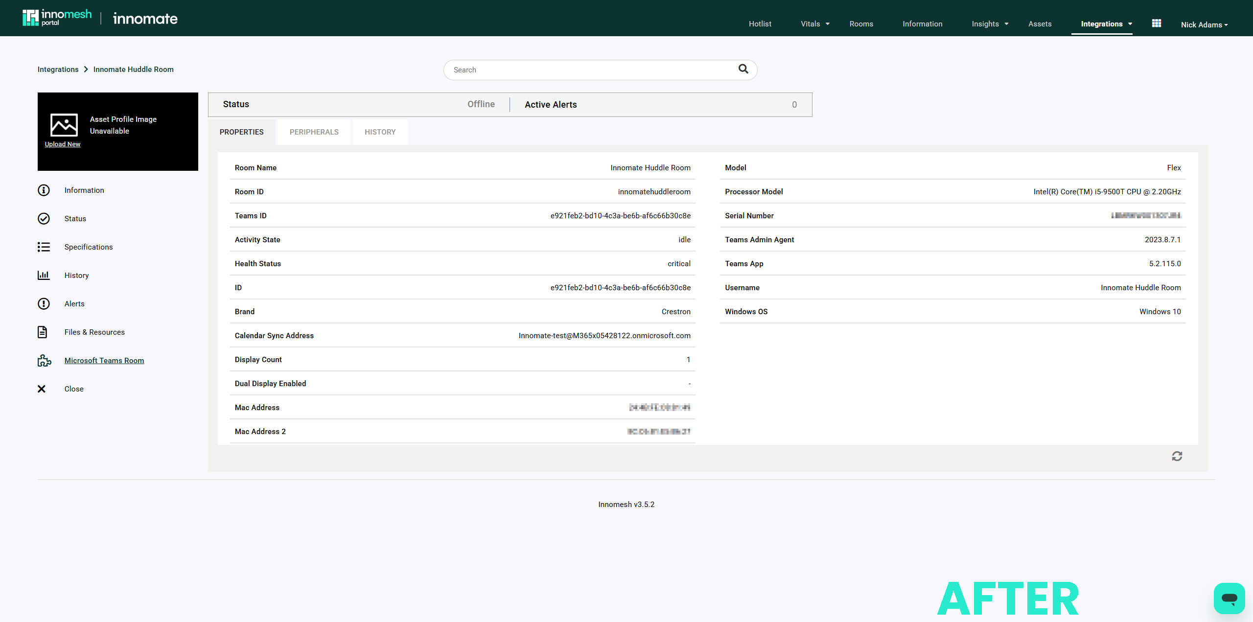 Asset view in v3.5.2 showing MTR, Zoom, and Q-SYS devices unified into a single Asset Support View layout