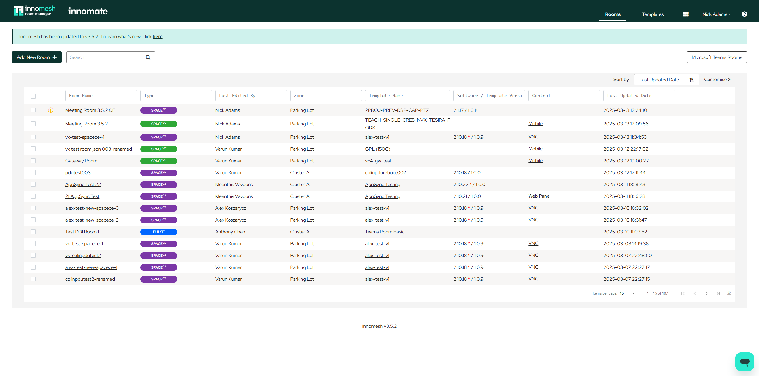 Room Manager rooms list with duplicate rows collapsed so each room appears once with its highest subscription tier
