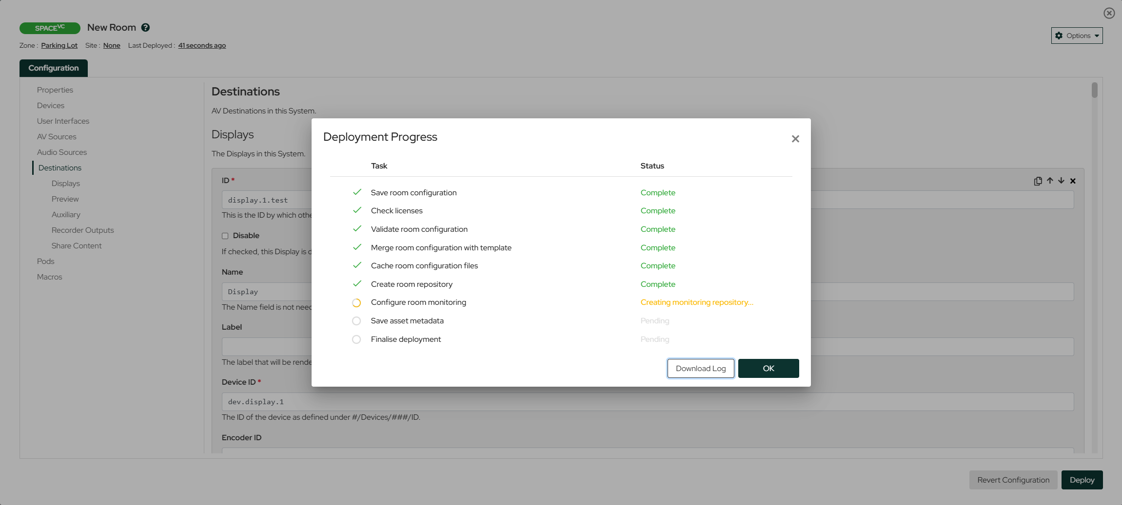 Room Manager deployment checklist panel listing per-device deployment steps with tick, pending, and error states