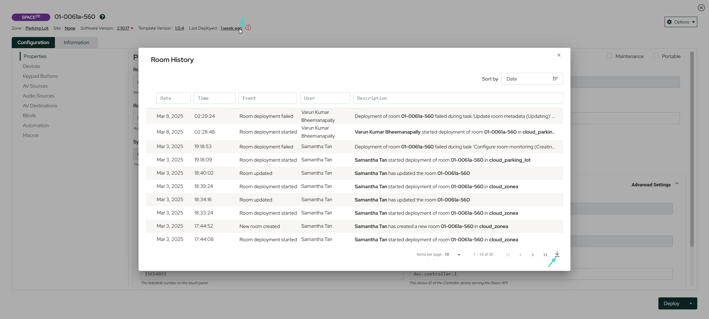 Deployment history panel listing past deployments with timestamps, user attribution, and per-row log access