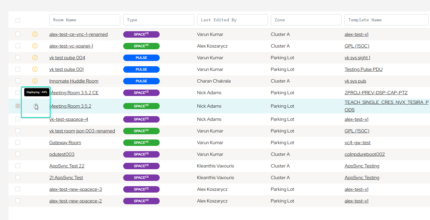 Room Manager rooms list showing in-progress deployments in a status column so users can continue working while rooms deploy in the background