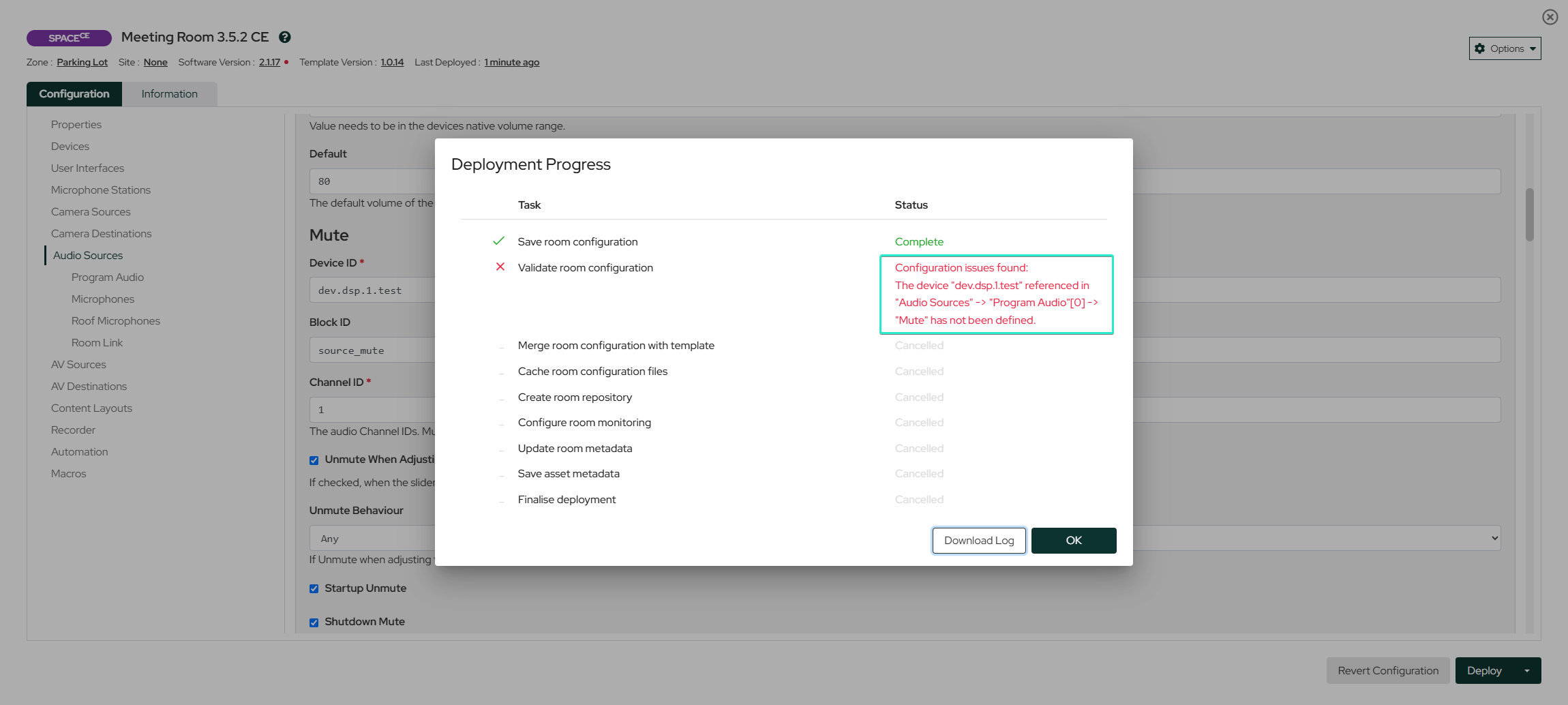 Deployment error pane with a detailed failure message and the specific device that caused the configuration to fail
