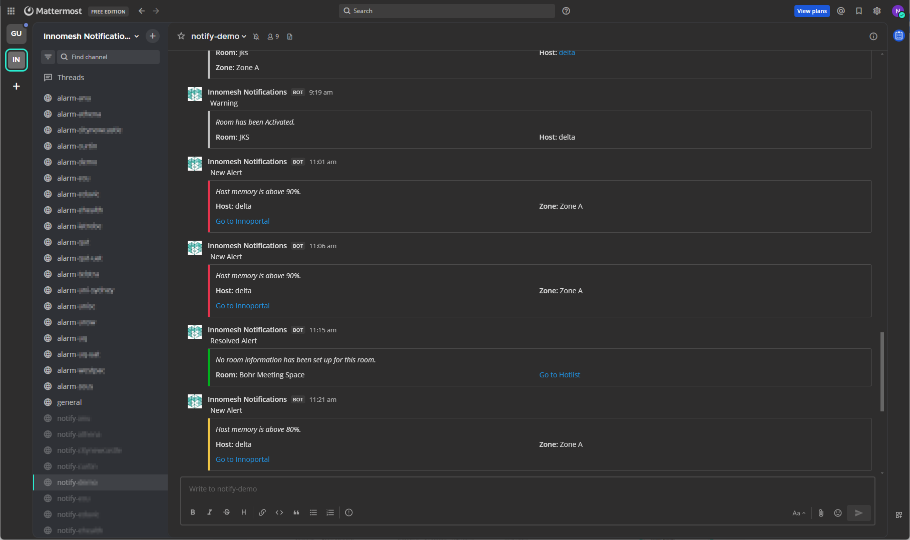 Mattermost channel showing Innomesh alert notifications posted as structured messages with severity indicators