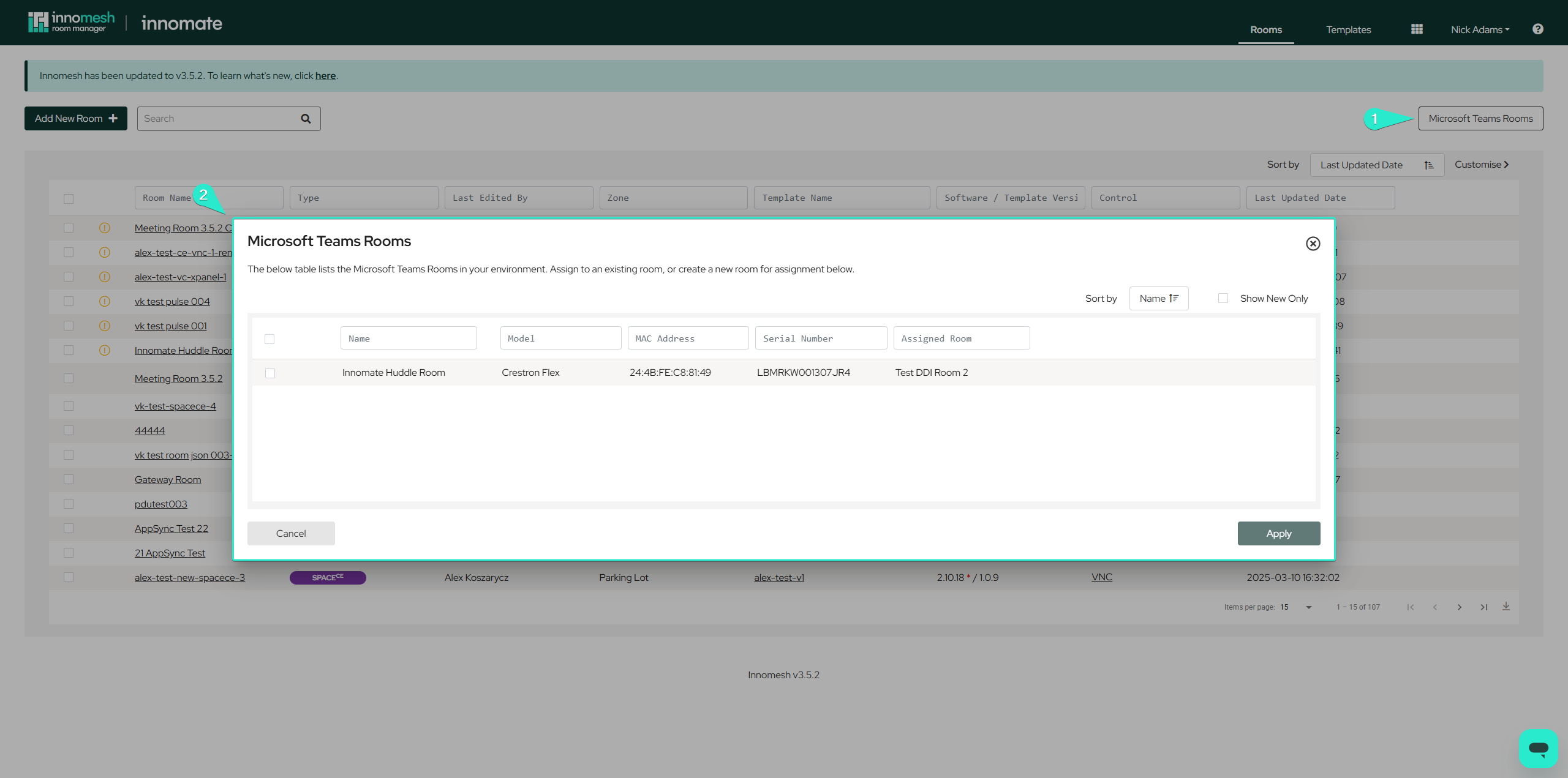 Room Manager rooms page with an MTR configuration entry point surfaced in the room actions menu