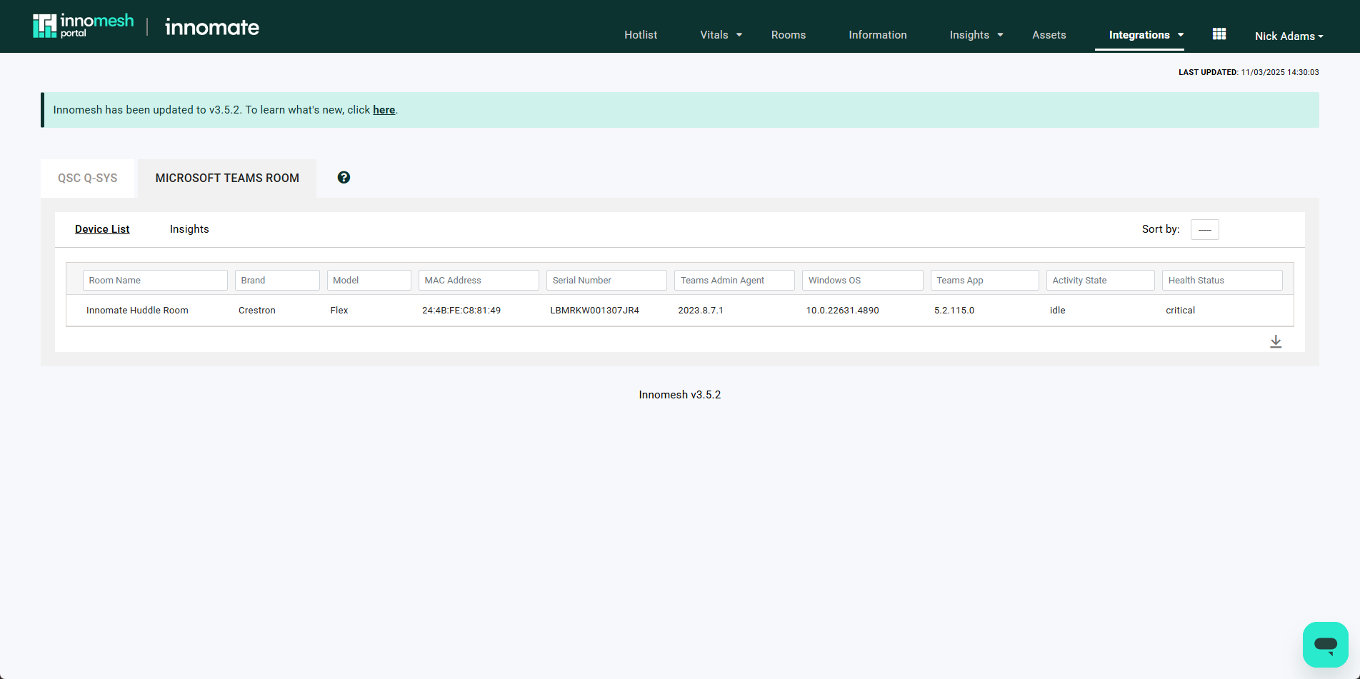 MTR devices page showing a searchable table of Teams Room devices with status columns and filter controls