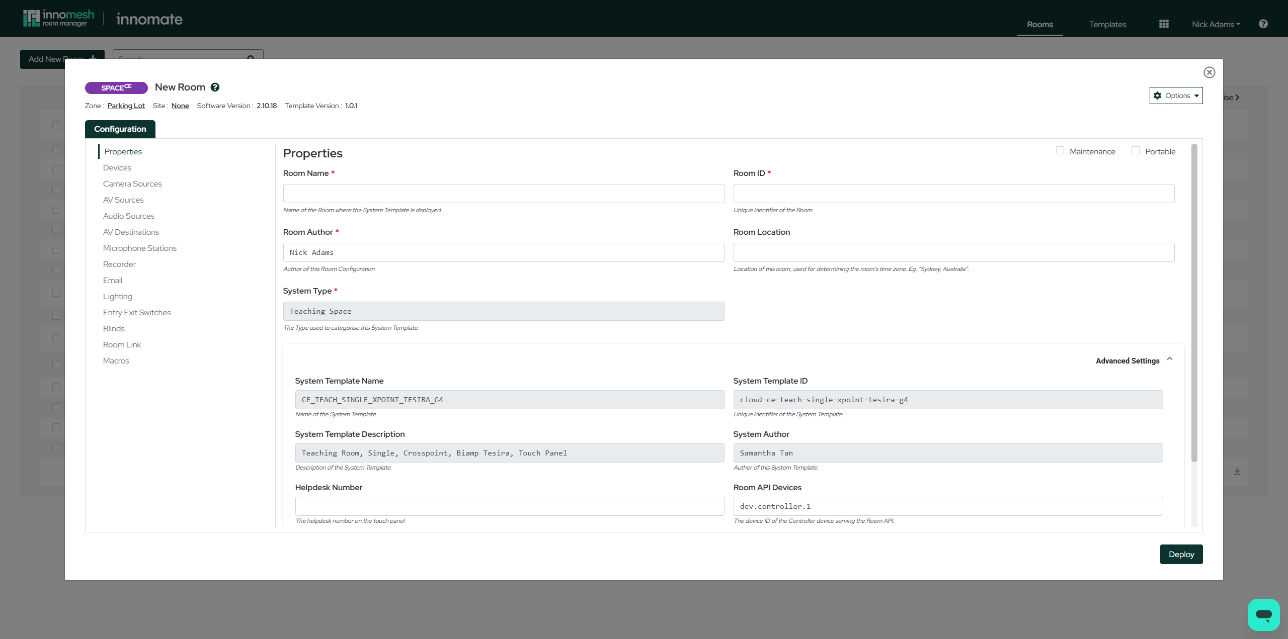 Room Manager properties page showing the new persistent top bar with subscription tier, Zone, Site, and software version fields