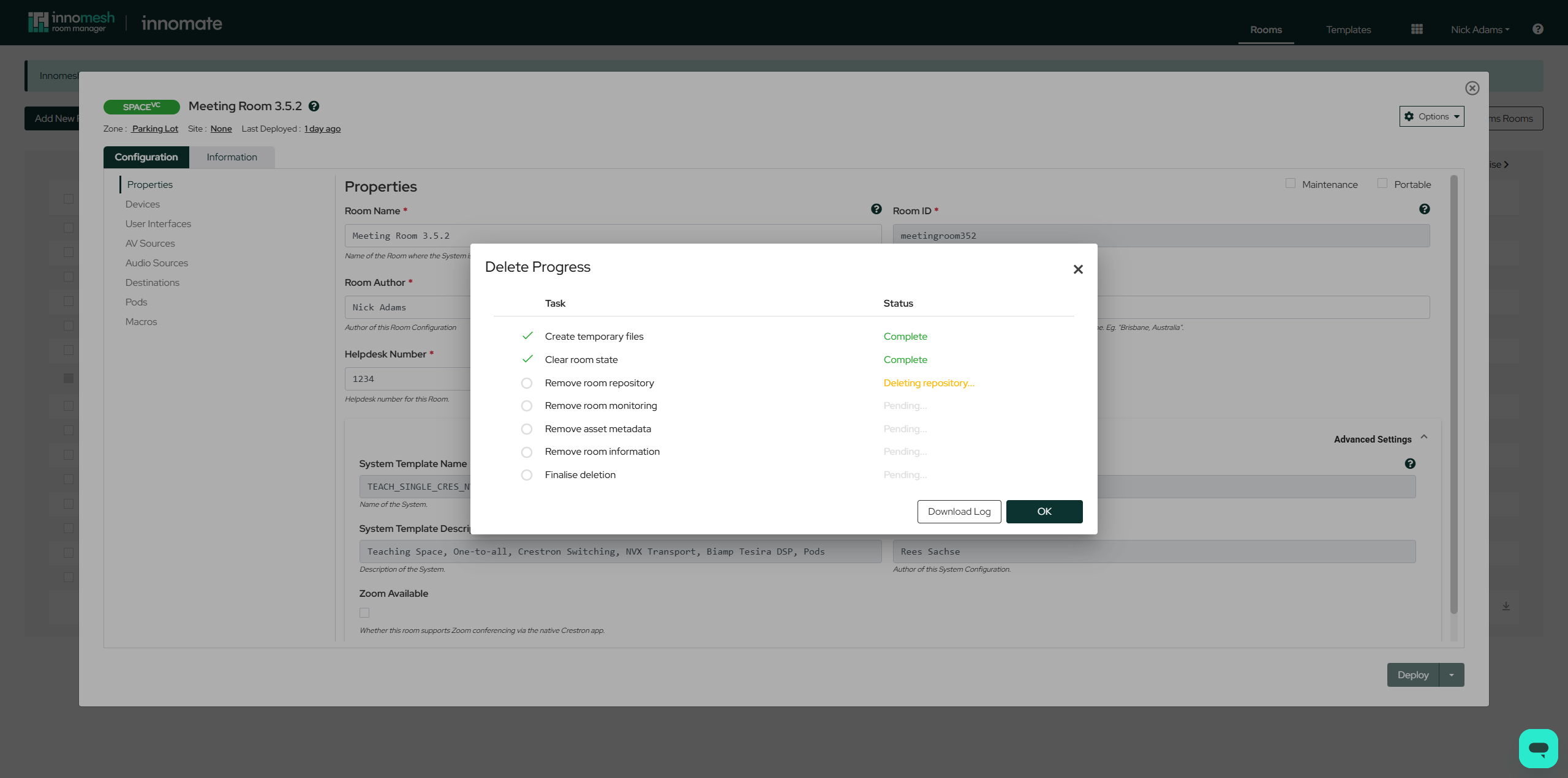 Room deletion checklist panel showing each teardown step with completion indicators and a retry option for failed steps