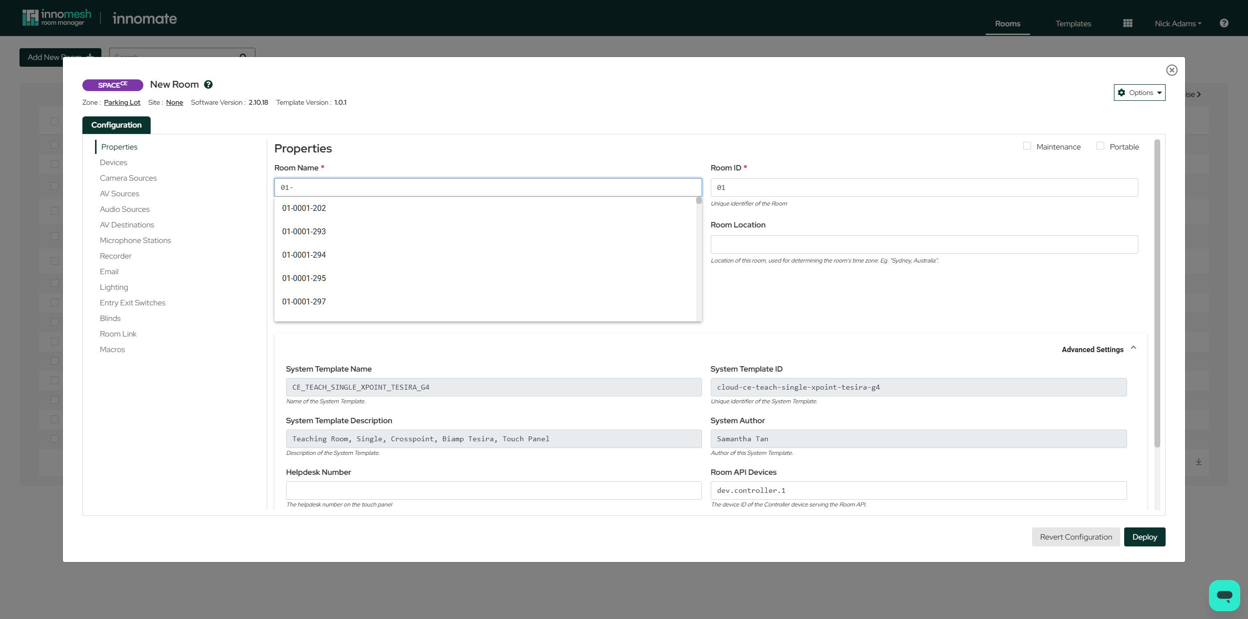 Room name field displaying autocomplete suggestions from the configured external naming database as the user types