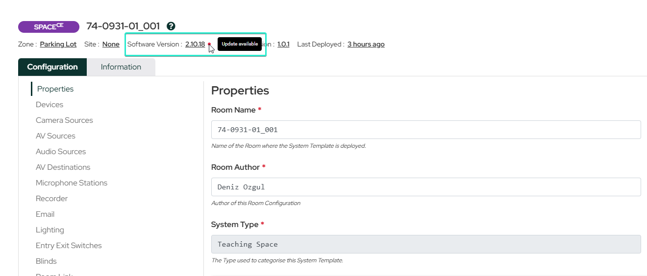 Software version field with an update-available indicator and the new version callout next to the current version